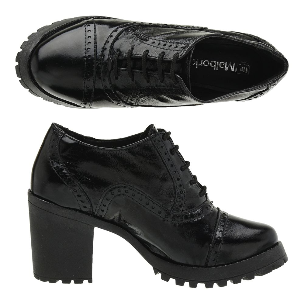Sapato Feminino Oxford Preto Em Couro Salto Tratorado 19000 Fkv