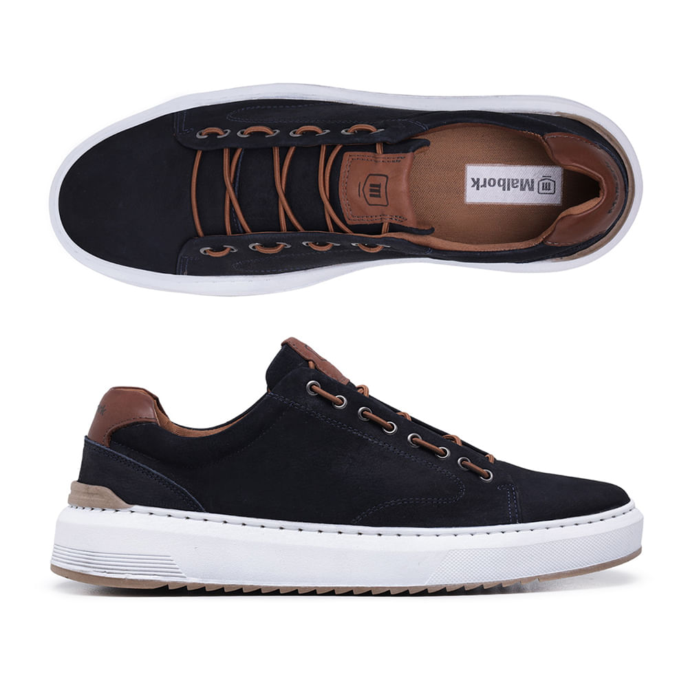 Tênis em Couro Nobuck Casual Masculino Malbork Azul Sola Borracha 1461A - FKV Calçados tênis masculino court slam em couro nobuck
